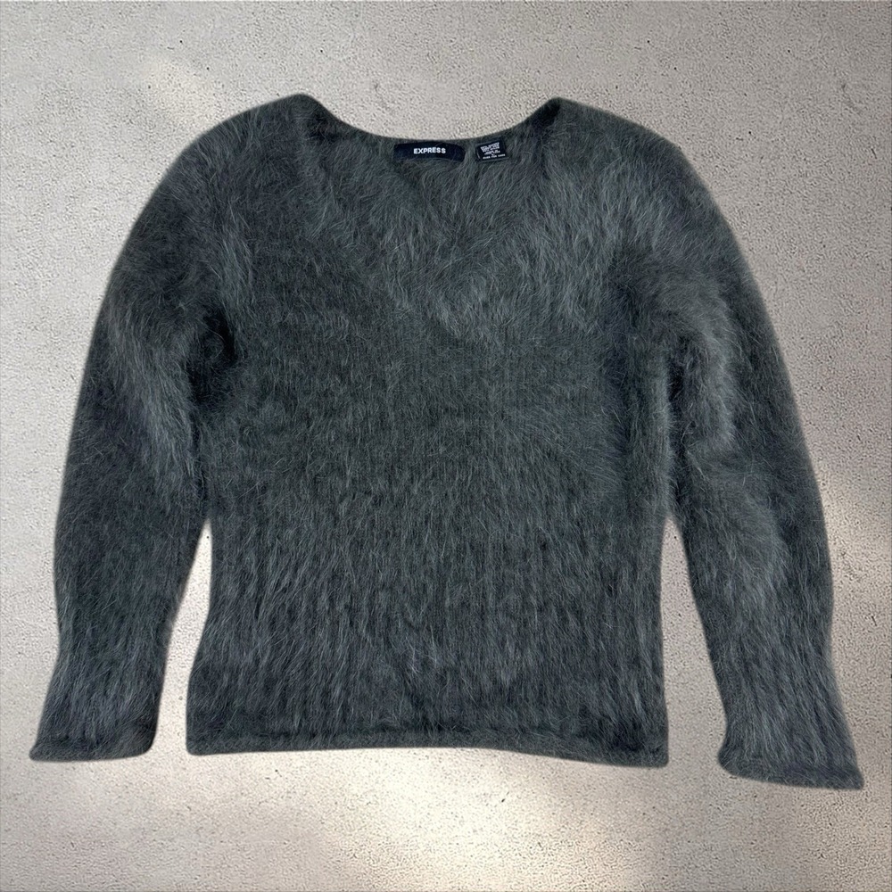 Vtg Y2K Express 80% Angora Fuzzy V Neck Pullover Sweater Sz L